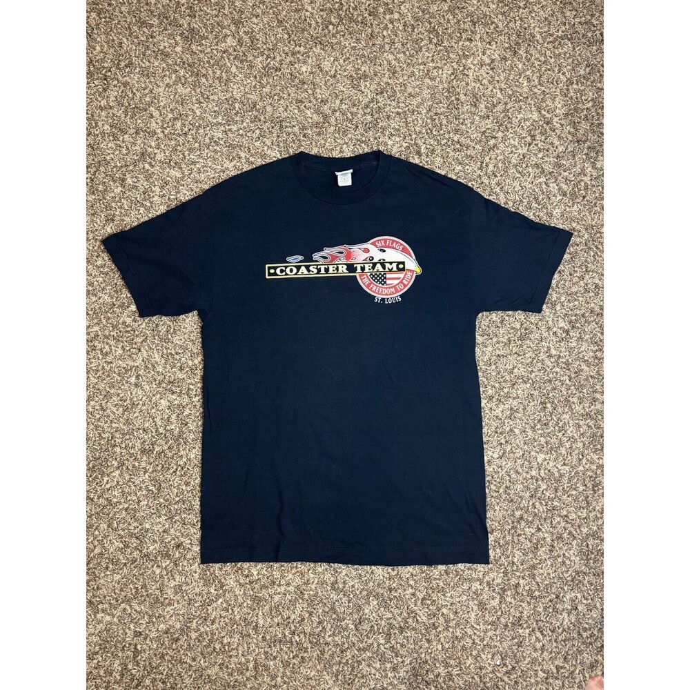 Vintage Six Flags Shirt Men’s Sz Large Blue Short Sleeve Coaster Team Y2K